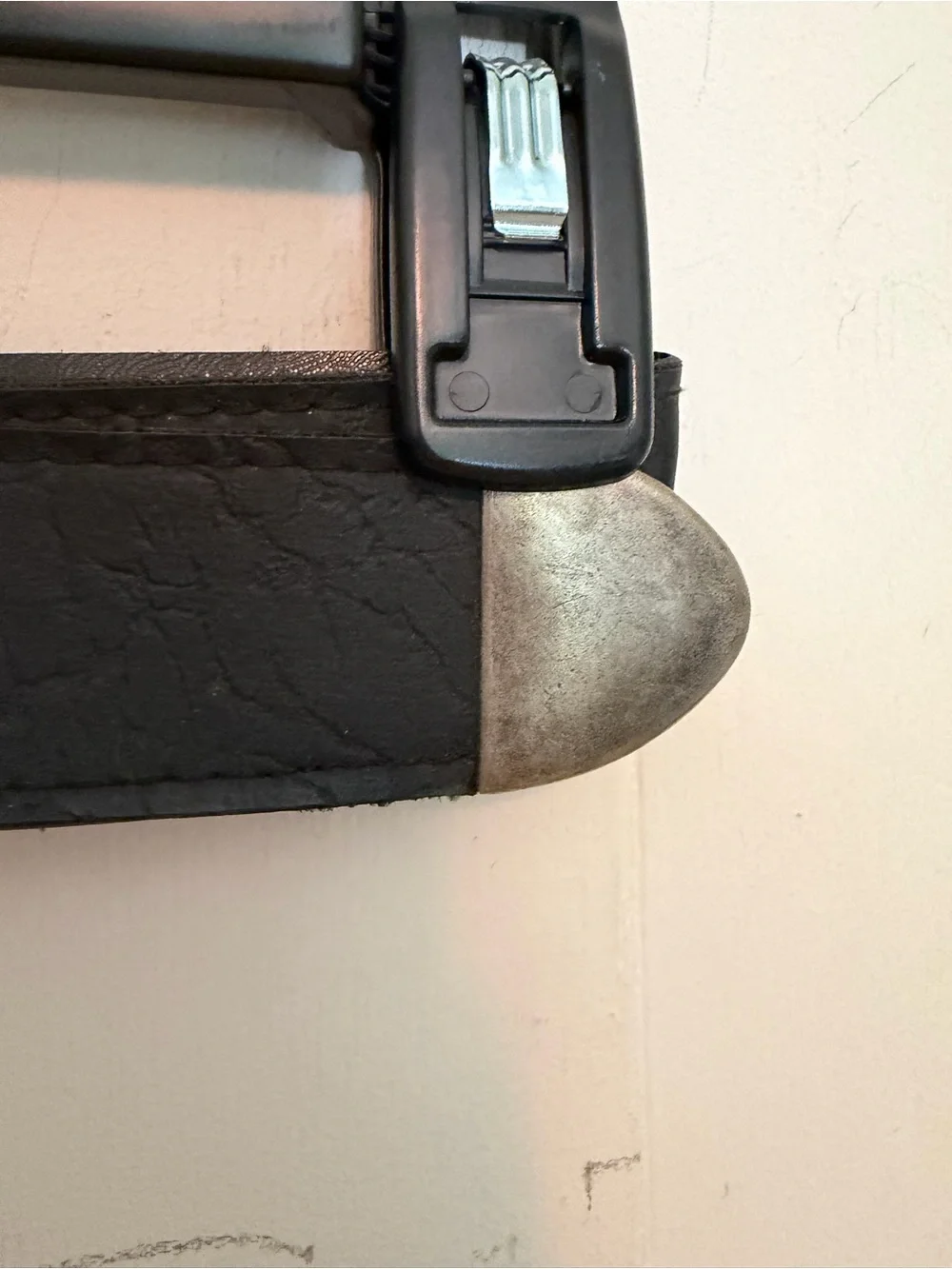 Unisex black belt with modern, brutalist silver buckle and details